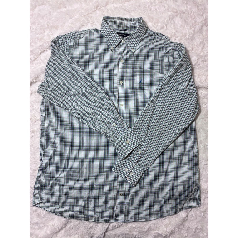 Nautica Mens 2XL Plaid Button Down Shirt Blue Green Long Sleeve Cotton